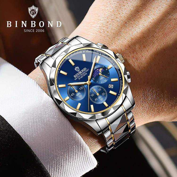 ساعت مچی مردانه اورجینال سه موتور فعال بین باند کرنوگراف رنگ ثابت شب نما ضد اب خاص BIN BOND