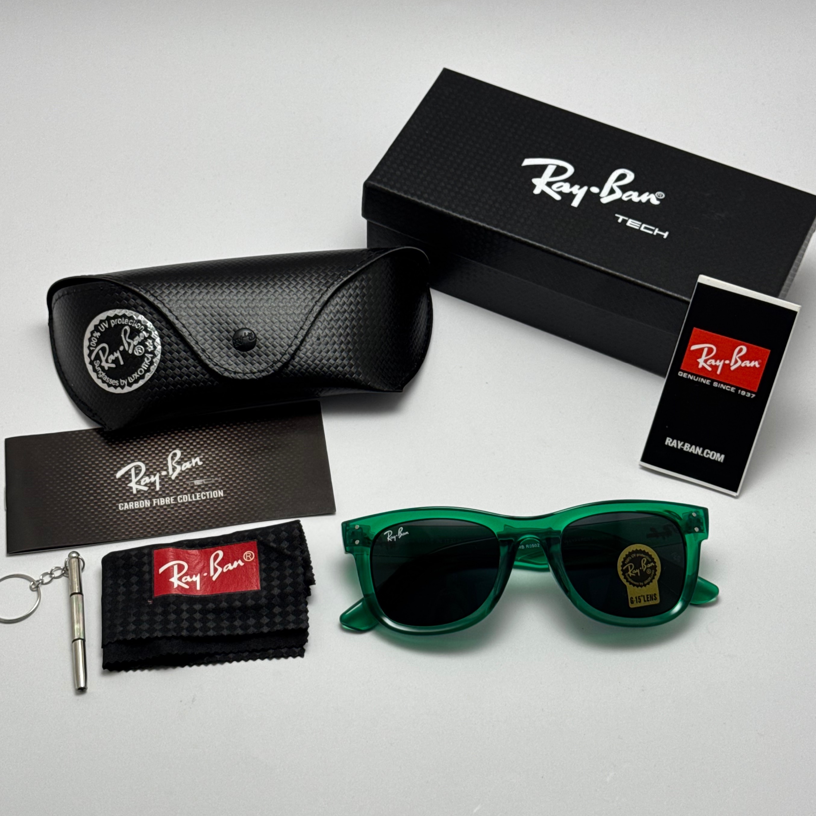 عینک آفتابی ریبن ویفرر شیشه سنگ سبز به همراه پک کامل ریبن Rayban WAYFARER RB  0502S
