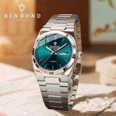 ساعت مچی مردانه بین باند binbond بند نقره ای صفحه سبز اورجینال ضد آب