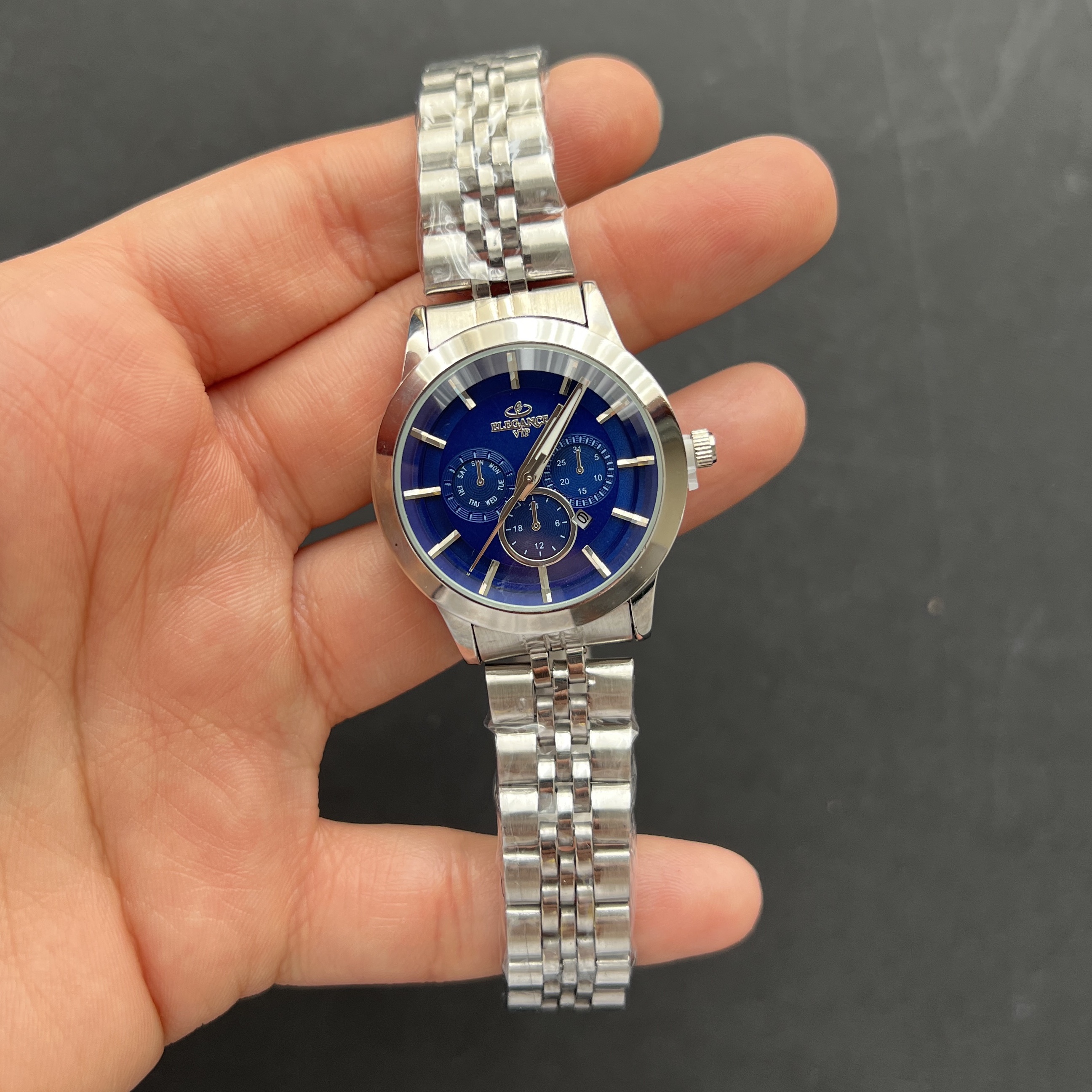 ساعت زنانه الگانس طرح کرنوگراف نقره ای صفحه ابی