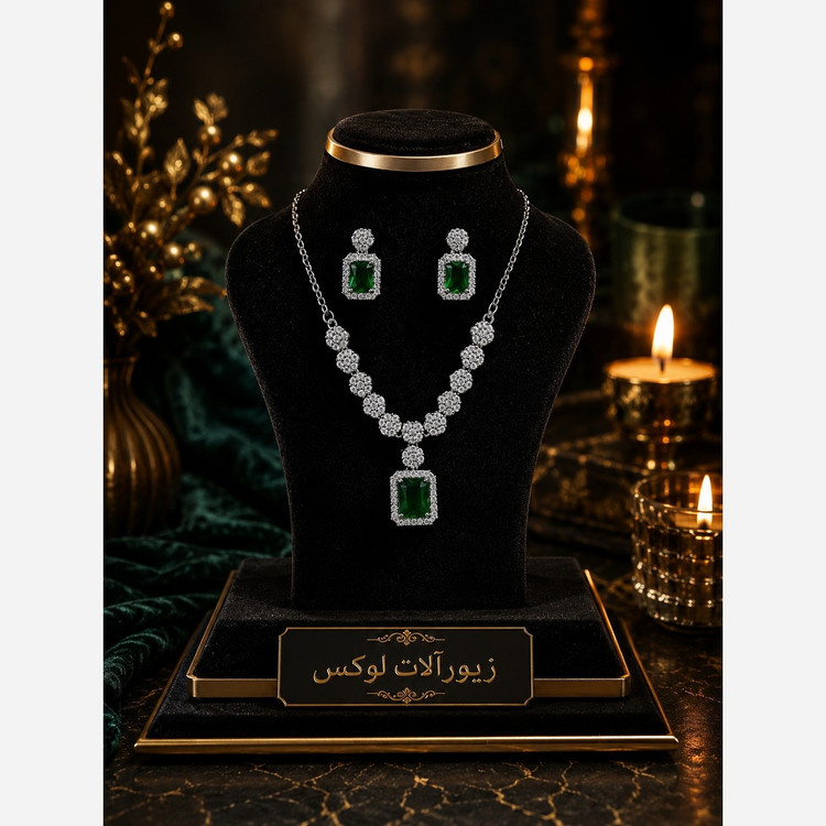 نیم ست زنانه جواهری میکرو نگین سبز