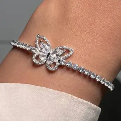 دستبند زنانه و دخترانه جواهری طرح تنیسی پروانه ضد حساسیت رنگ ثابت سایز قابل تغییر کد atk (پس کرایه)