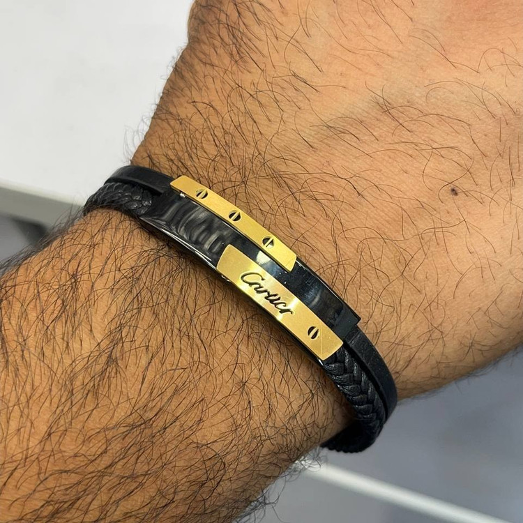 دستبند چرمی قفل و پلاک استیل مردانه کارتیر Cartier کیفیت چرم عالی تنوع طرح رنگ ثابت کدbn (پس کرایه)
