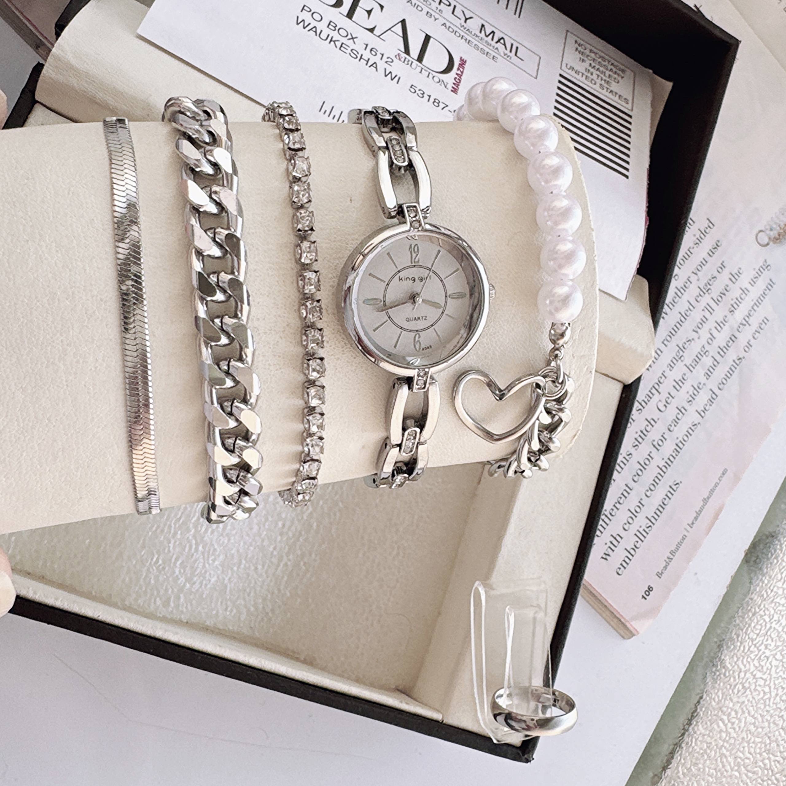 ست زنانه و دخترانه ساعت هانگری و دستبند کارتیر و مروارید وحلقه پرفروش ارسال رایگان