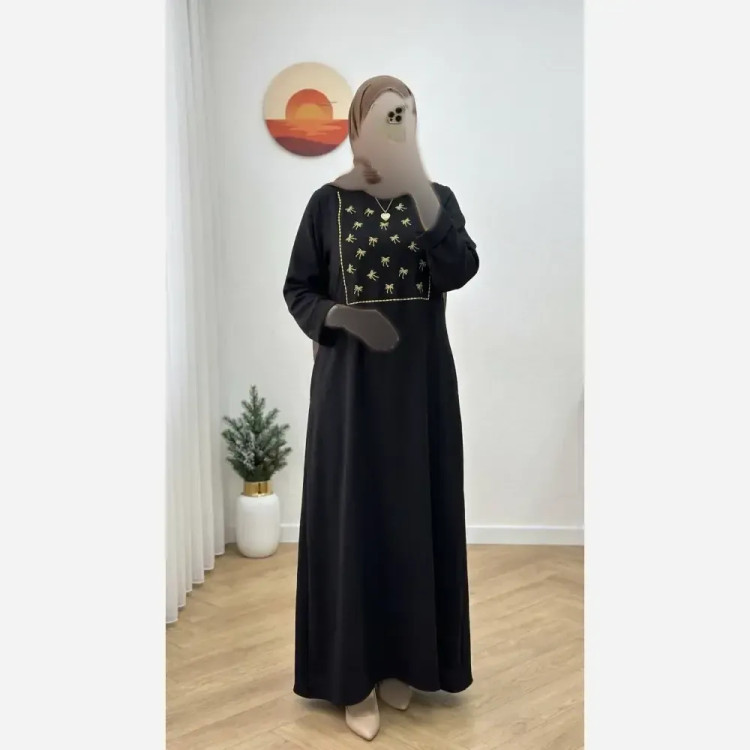 کفتان زنانه مدل پاپیونی جنس شانتون رنگ مشکی فری سایز