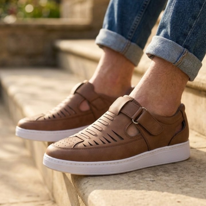 صندل مردانه چسبی مدل راوین رنگ حنایی(دوردوخت و کف دوخت) (پس کرایه)