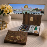 بسته فرهنگی سوغات کربلا (صندوقچه بهشتی) 7عنوان سنگ حرم و قاب فرش و عطر حرم وآب سرداب حضرت عباس و تسبیح مهر تربت کربلا